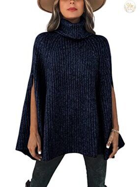Womens Chunky Knit Turtleneck Poncho Sweater Cape Pullover